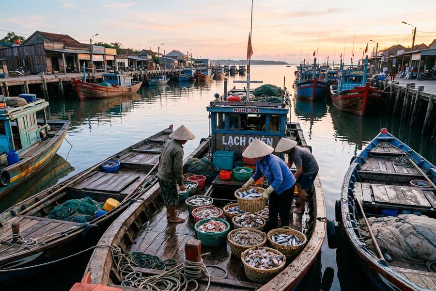 Thuyền câu mực đêm cập bến cá Lạch Quèn xã Quỳnh Phú lúc rạng sáng chuyển hải sản tươi lên bờ